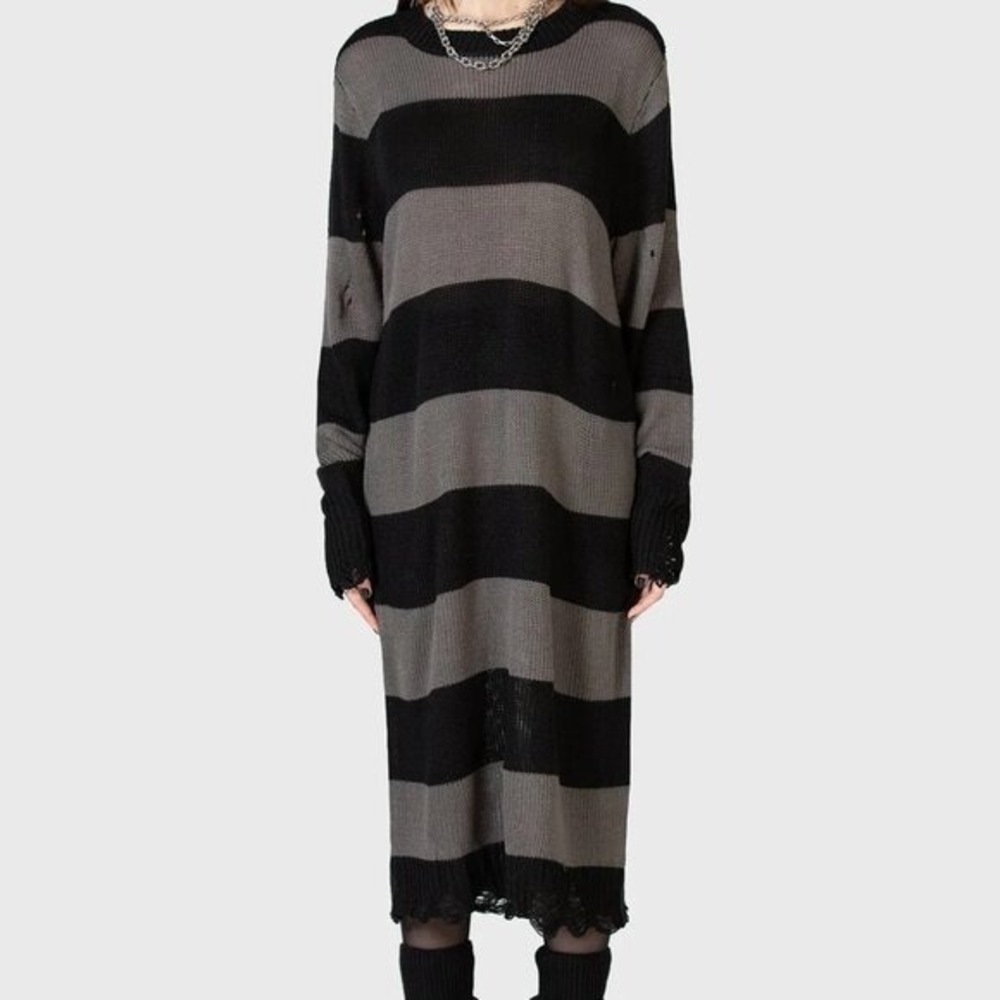 Killstar Within Souls sweater dress striped gray black distressed Small